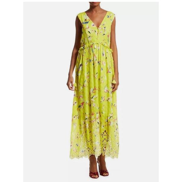Tanya Taylor Catalina Silk Maxi Dress Floral Yellow Size 16 Sleeveless V-Neck - Picture 1 of 15